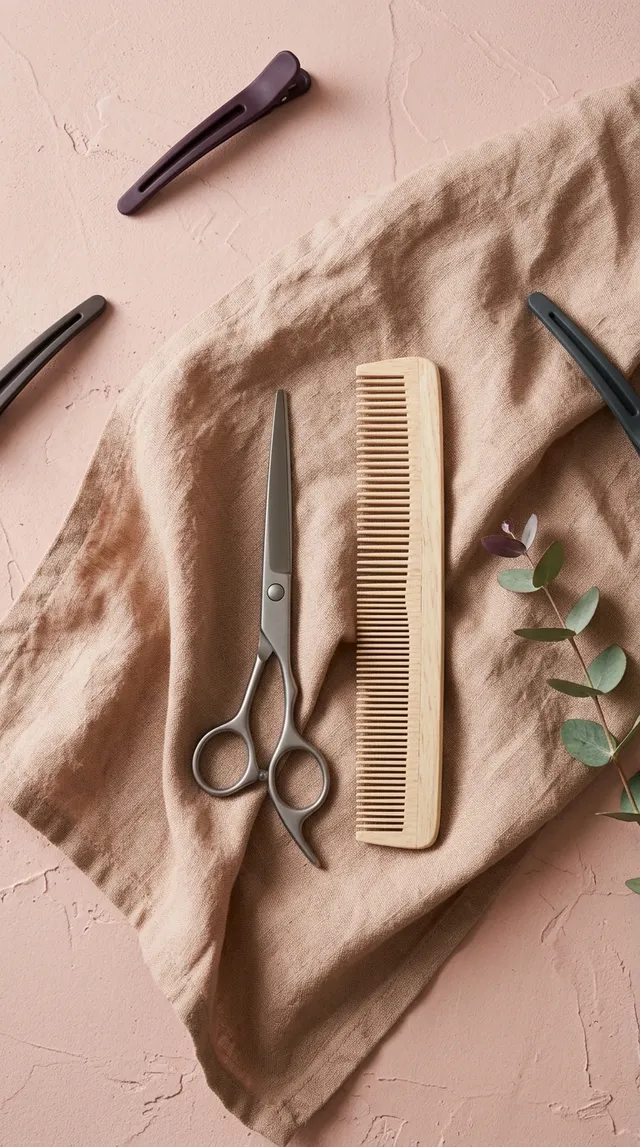 Ciseaux de coiffure et peigne en bois posés sur un linge de lin couleur argile, entourés de pinces et d’un brin d’eucalyptus.