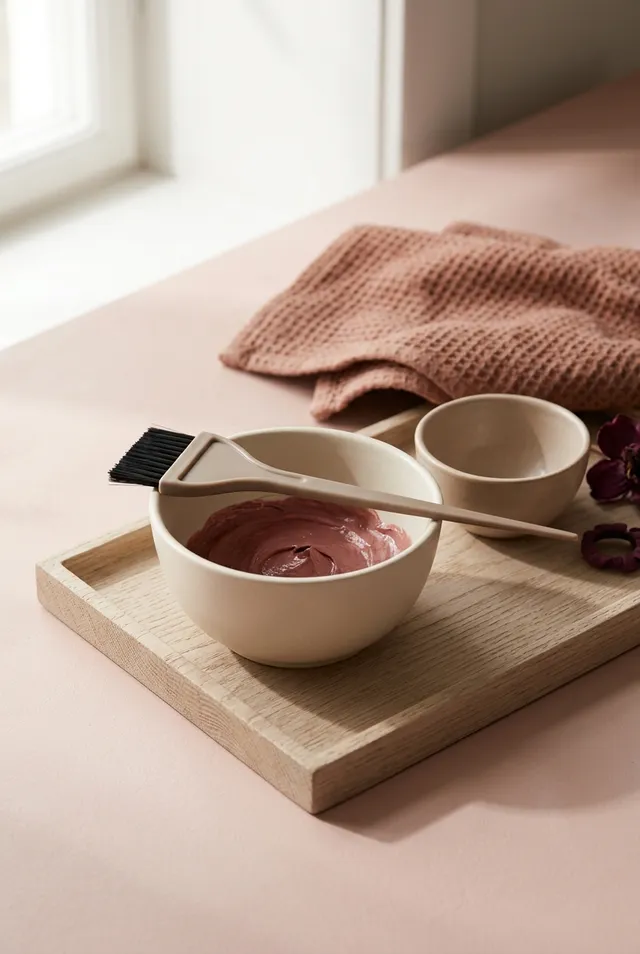 Bol en céramique rempli d’une crème de coloration rosée, un pinceau posé en travers, sur un plateau en chêne près d’une fenêtre.