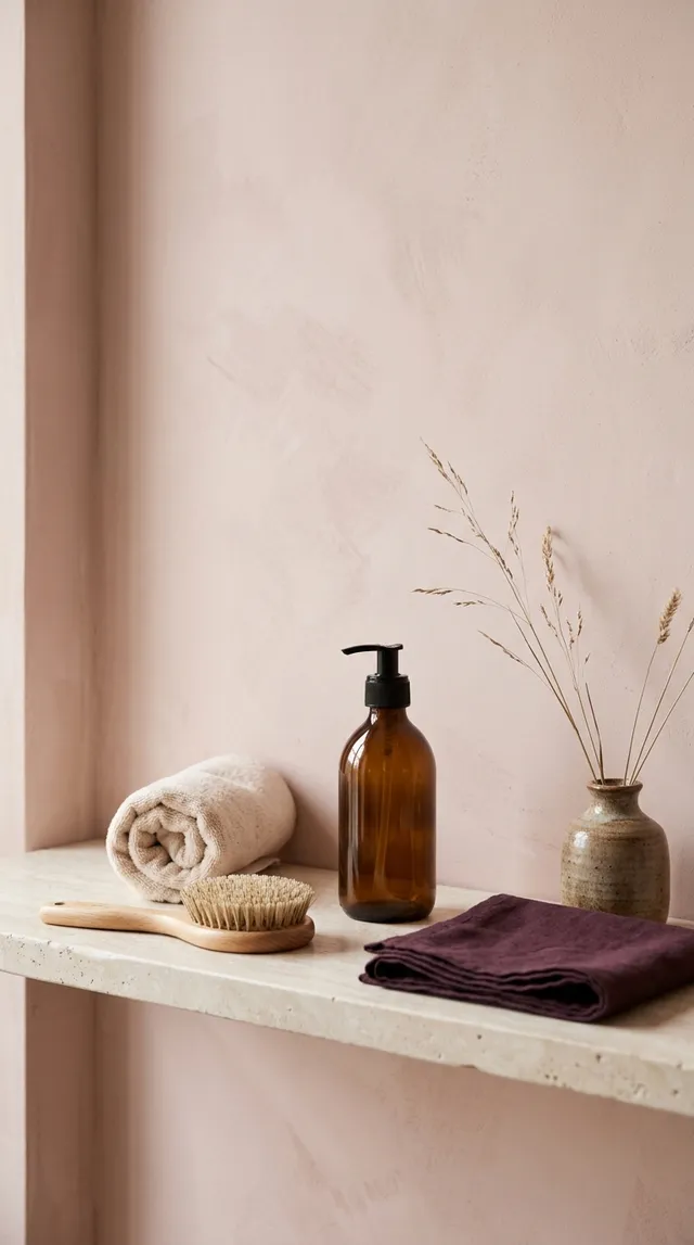 Sur une tablette en pierre claire : une serviette roulée, une brosse en bois, un flacon ambré, un linge prune plié et un vase de graminées séchées.