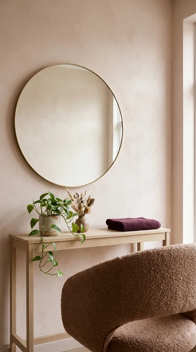 Coin calme du salon : un miroir rond au fin cadre doré sur un mur rose poudré, une console en chêne avec une plante retombante et un bouquet sec, et le dossier arrondi d’un fauteuil en tissu bouclé couleur argile.
