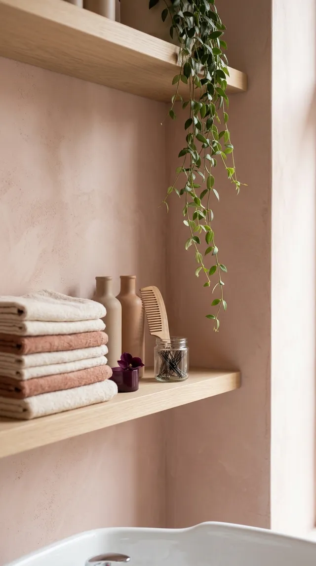 Au-dessus du bac à shampooing, une étagère en chêne avec des serviettes pliées crème et argile, deux flacons en céramique, un peigne en bois et une plante retombante.